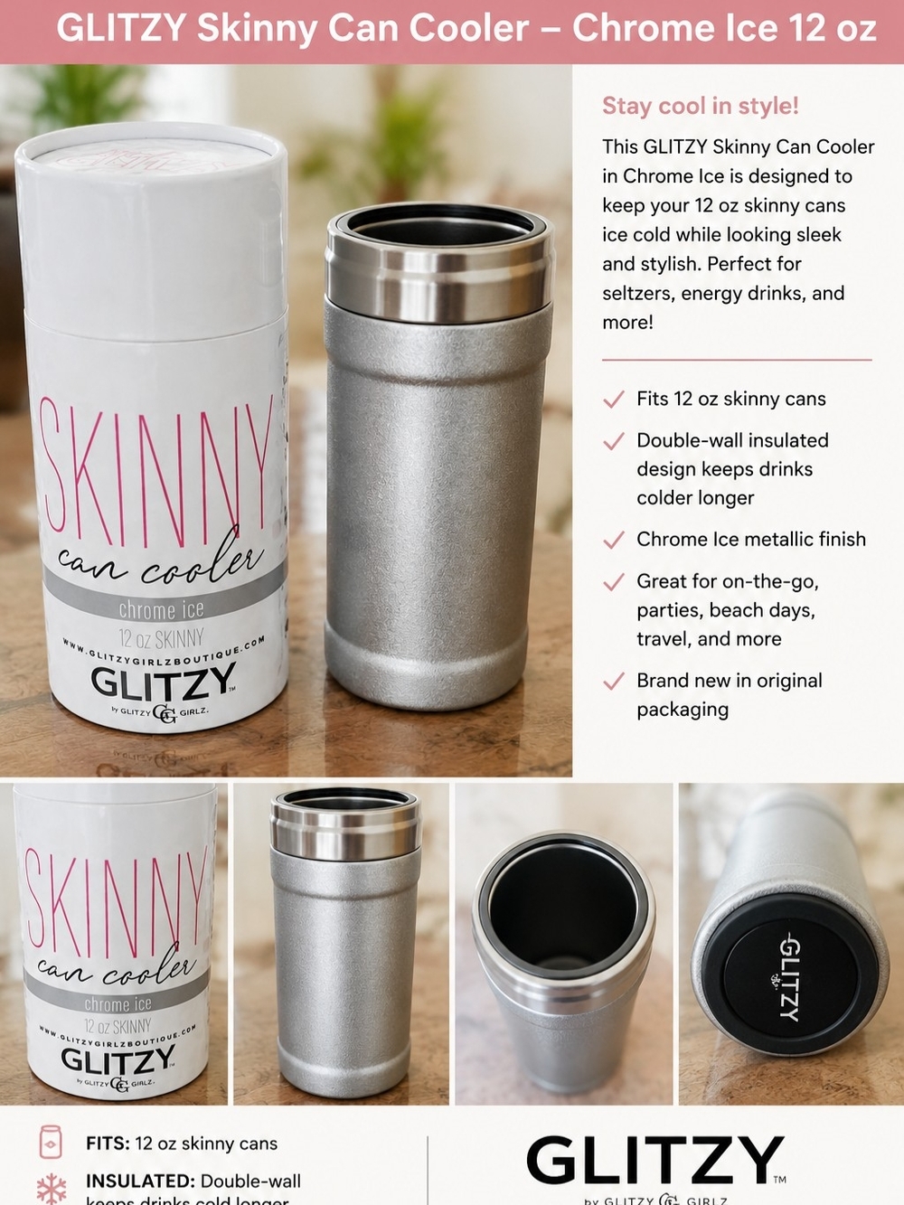 ✨️GLITZY Skinny Can Cooler – Chrome Ice 12 oz | NWT